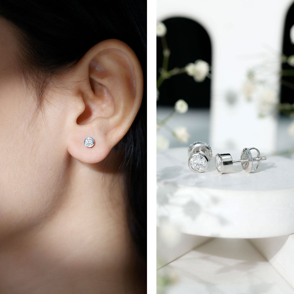Minimalist Solitaire Moissanite Stud Earrings in Bezel Setting