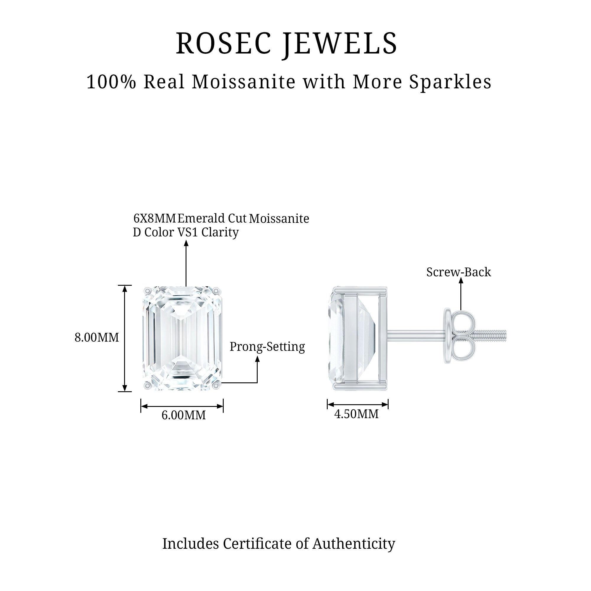 6X8MM Moissanite Emerald Cut Stud Earrings