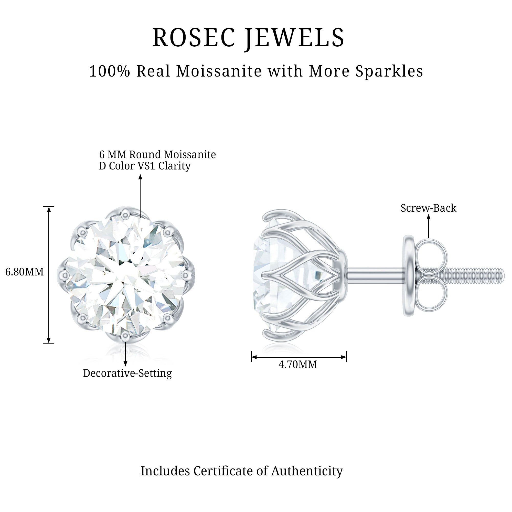 Moissanite Stud Earrings in Decorative Setting