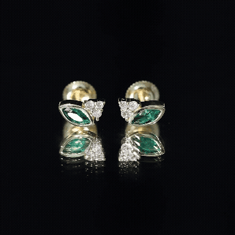 Marquise Cut Lab Grown Emerald Stud Earrings with Diamond Trio