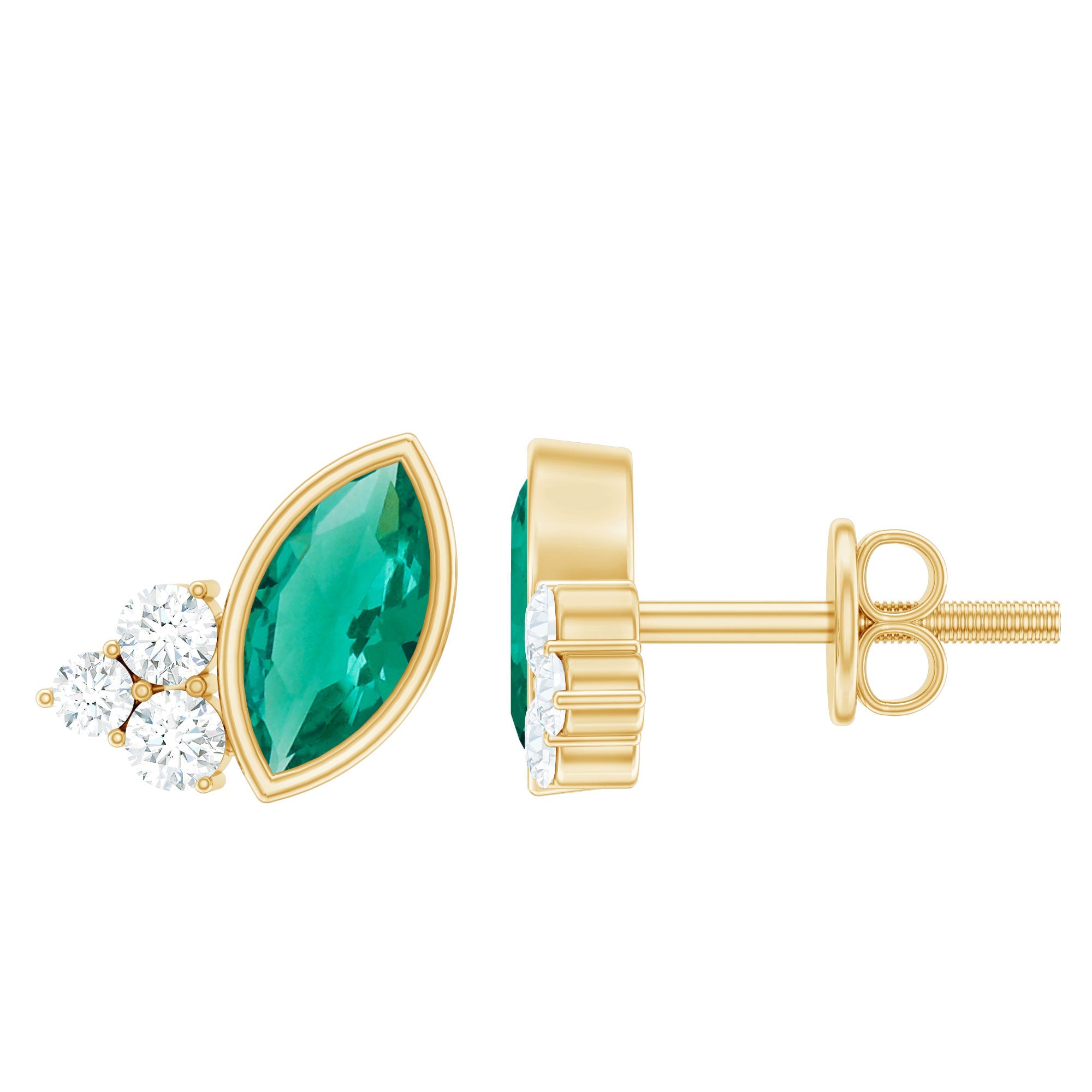 Marquise Cut Lab Grown Emerald Stud Earrings with Diamond Trio