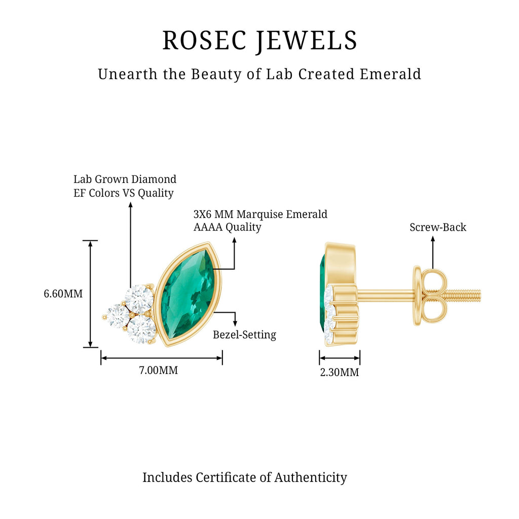 Marquise Cut Lab Grown Emerald Stud Earrings with Diamond Trio