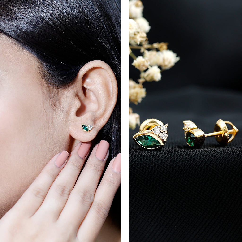 Marquise Cut Lab Grown Emerald Stud Earrings with Diamond Trio