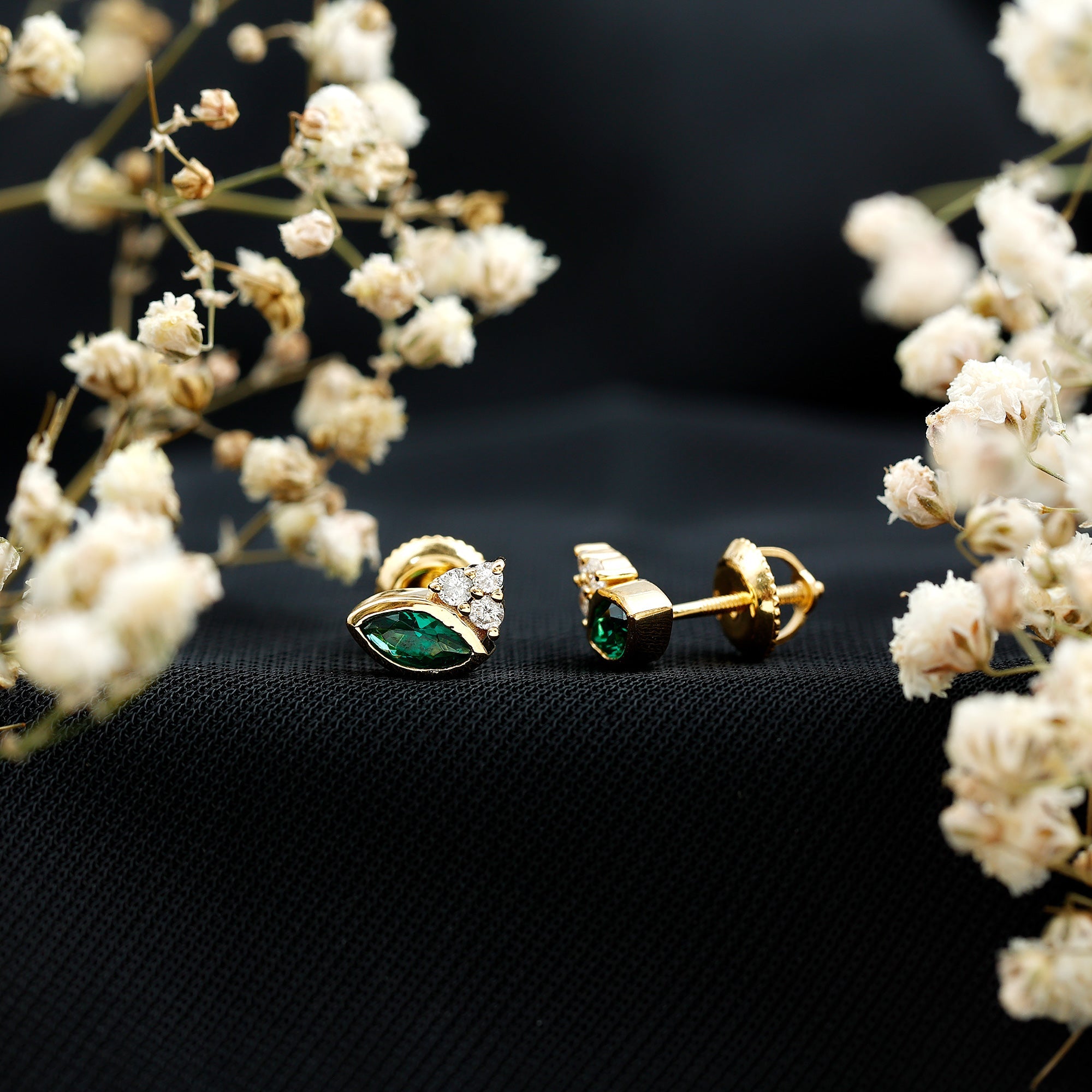 Marquise Cut Lab Grown Emerald Stud Earrings with Diamond Trio