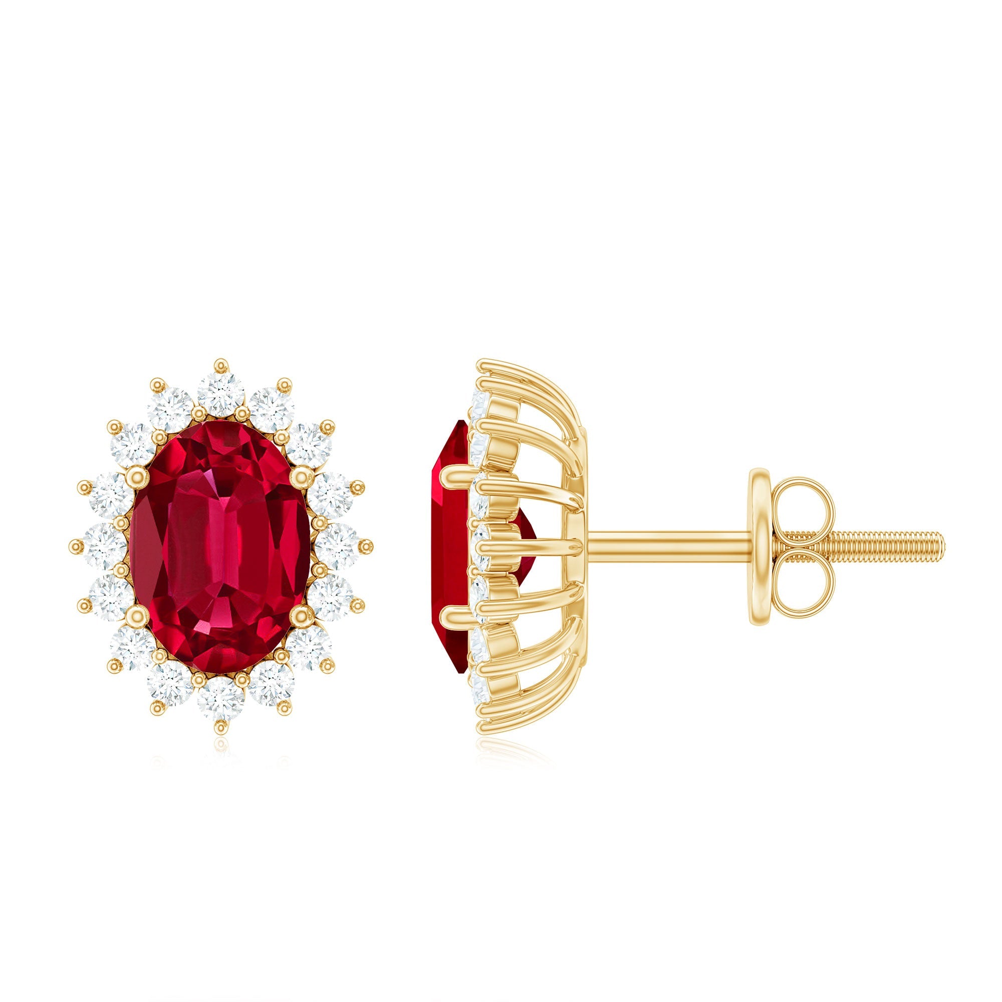Oval Shaped Lab Created Ruby and Diamond Halo Stud Earrings