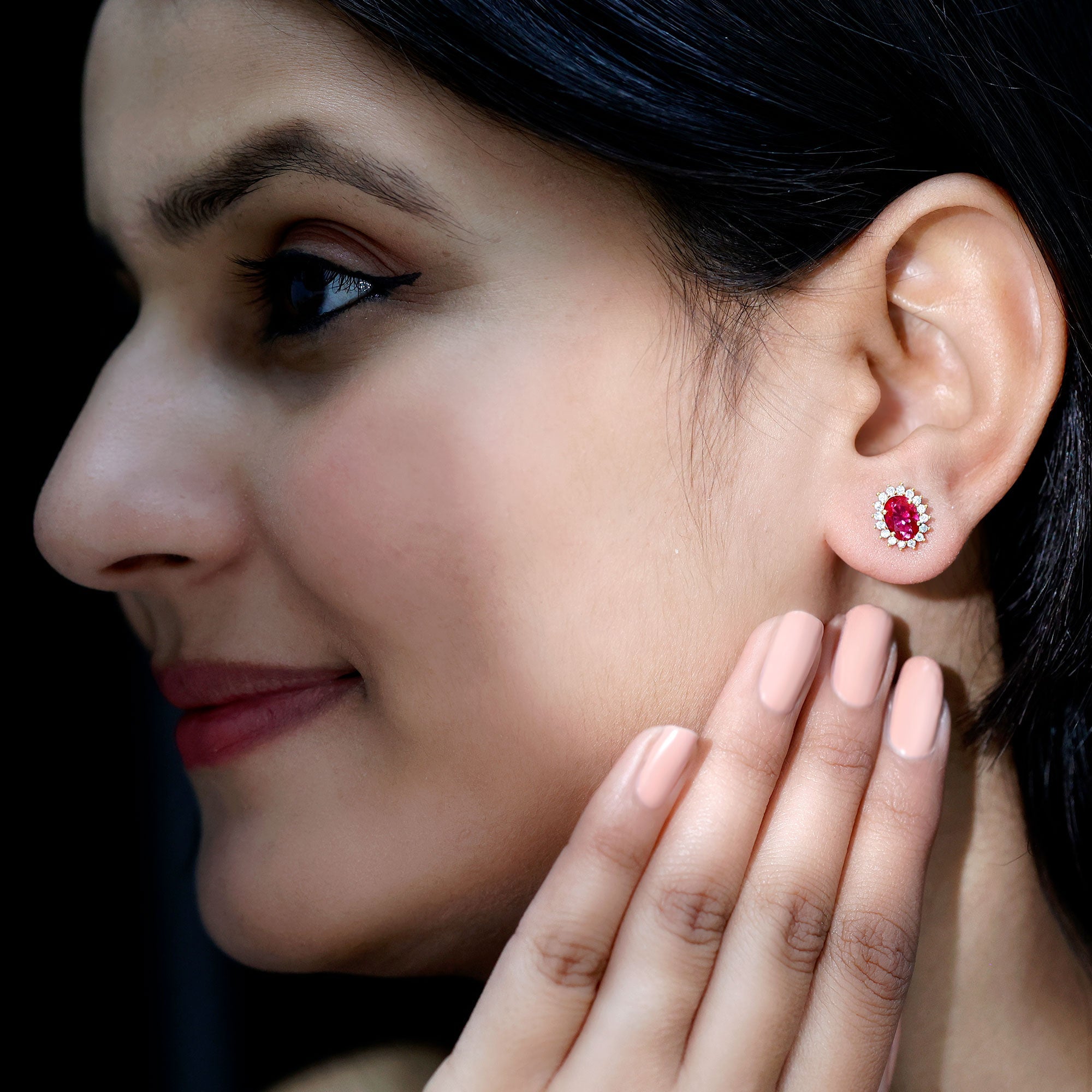 Oval Shaped Lab Created Ruby and Diamond Halo Stud Earrings