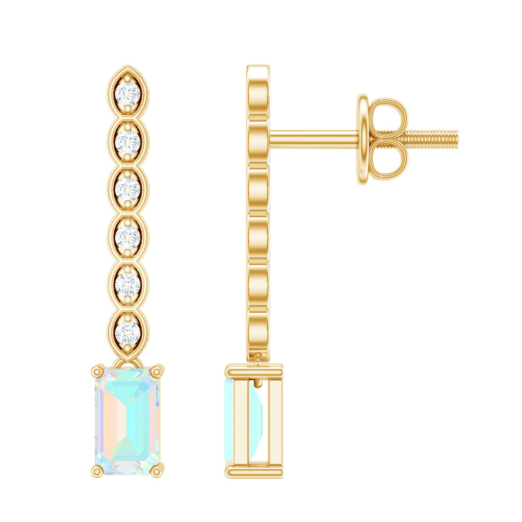 Emerald Cut Ethiopian Opal Drop Earrings with Lab Diamond