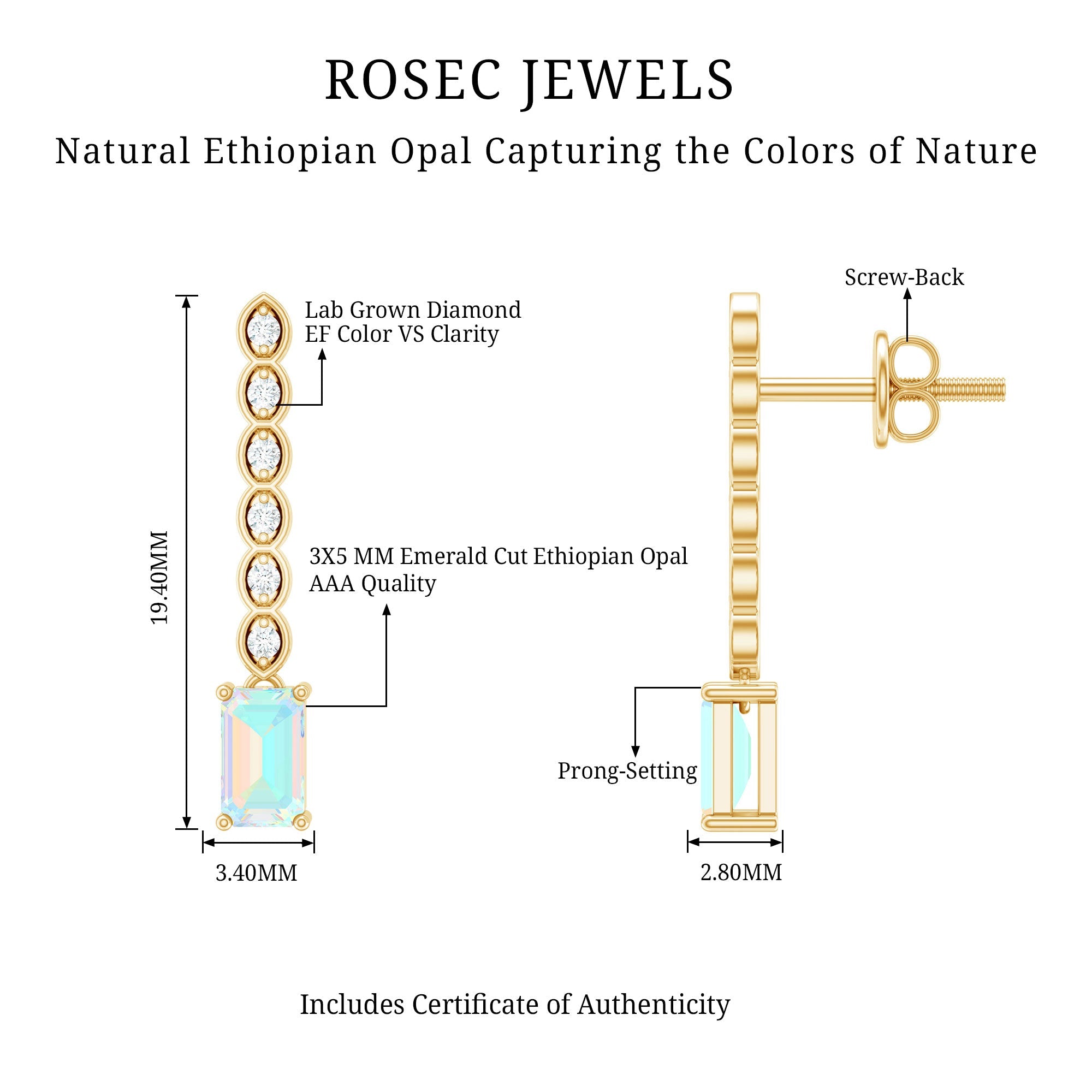 Emerald Cut Ethiopian Opal Drop Earrings with Lab Diamond