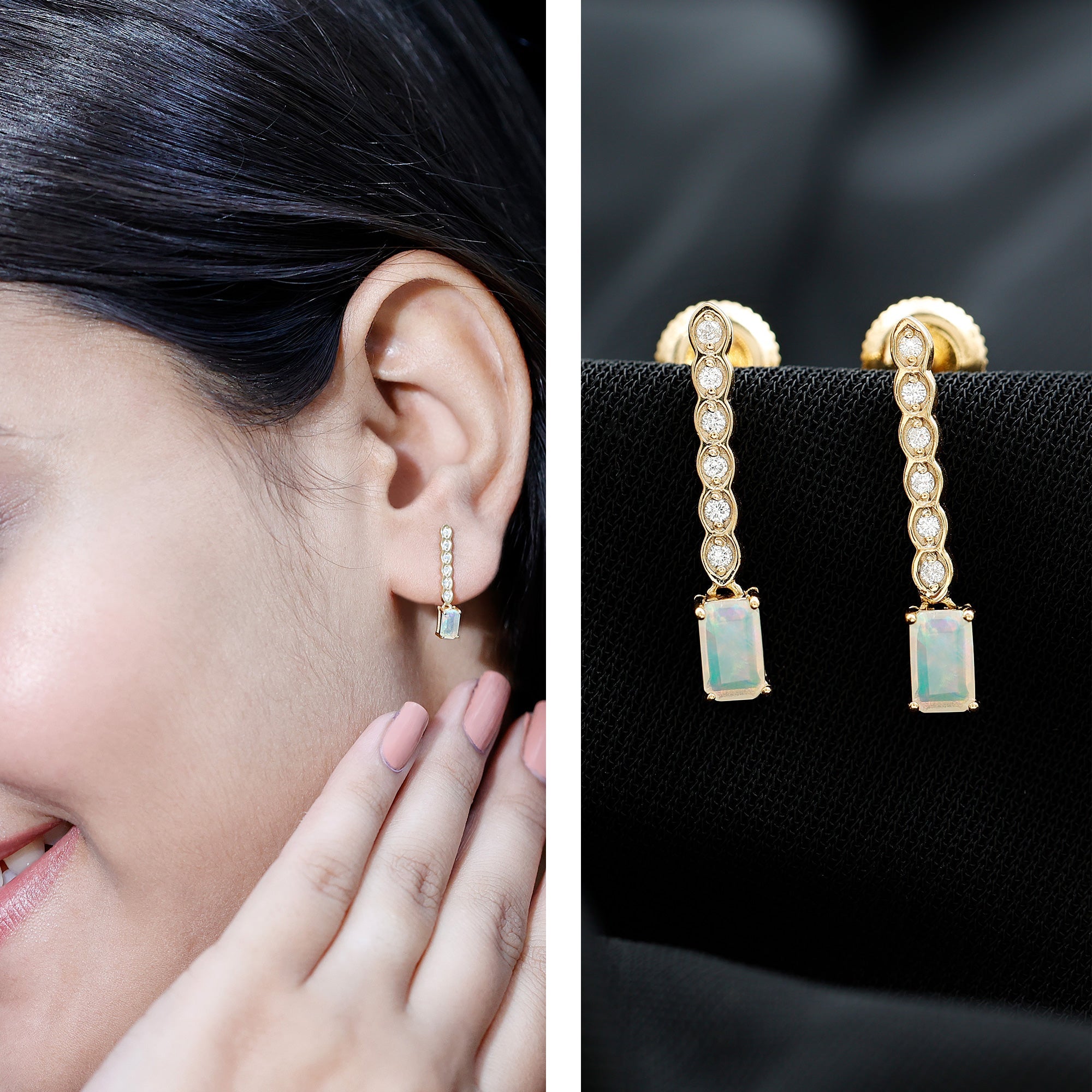 Emerald Cut Ethiopian Opal Drop Earrings with Lab Diamond