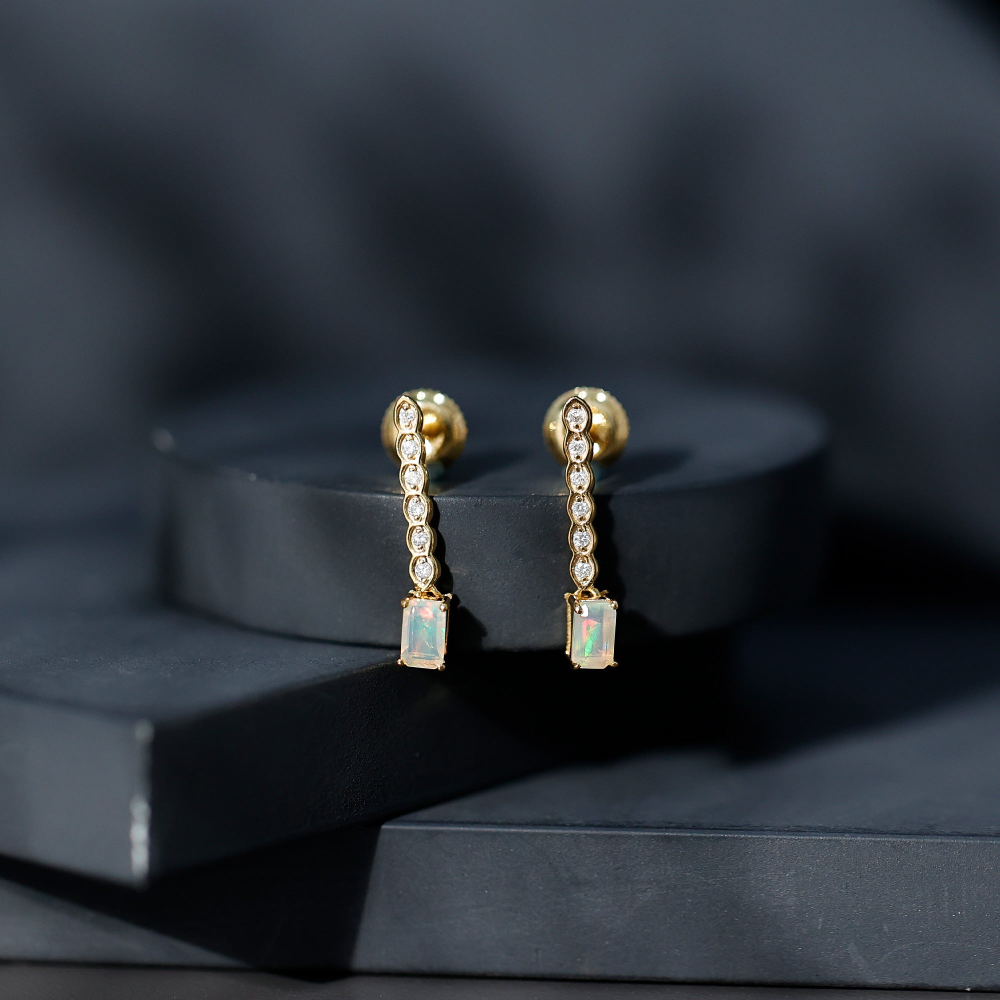 Emerald Cut Ethiopian Opal Drop Earrings with Lab Diamond