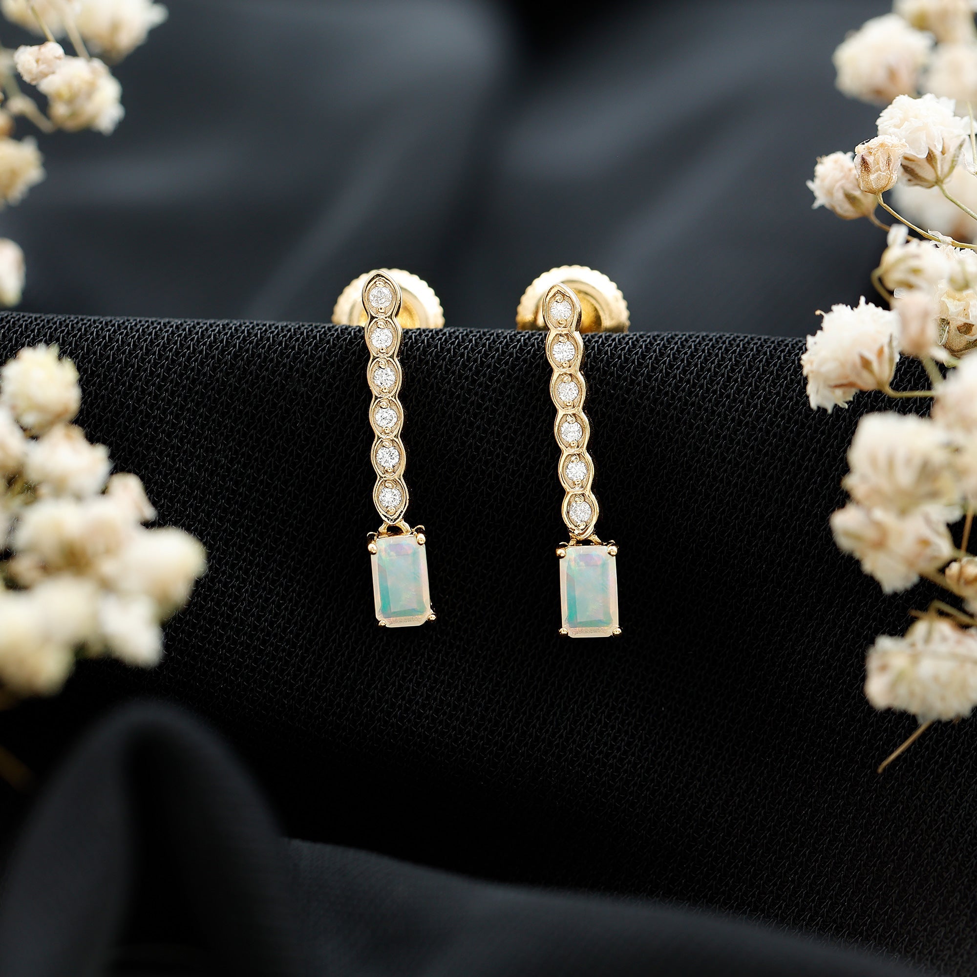 Emerald Cut Ethiopian Opal Drop Earrings with Lab Diamond