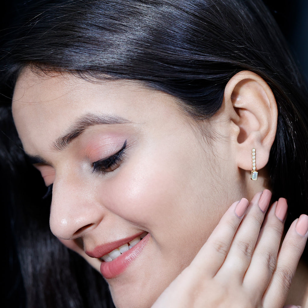 Emerald Cut Ethiopian Opal Drop Earrings with Lab Diamond