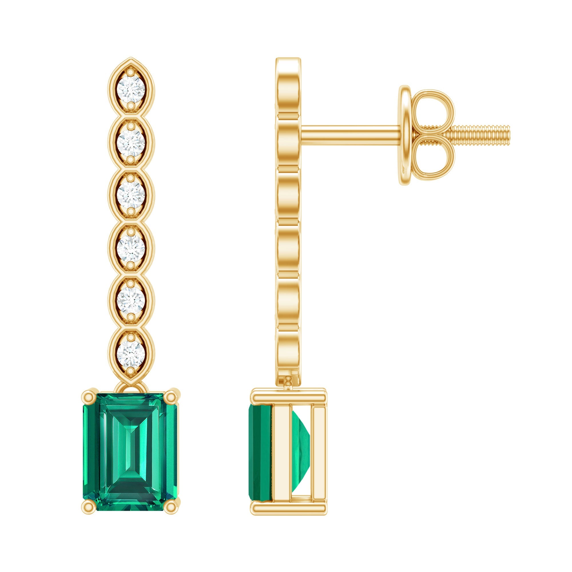 Antique Looking Lab Grown Emerald and Diamond Dangle Drop Earrings