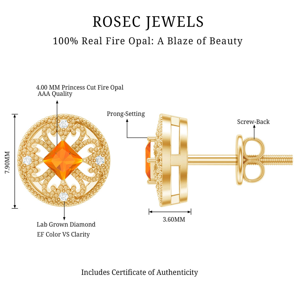 Antique Style Fire Opal Circle Stud Earrings in Gold Plated Silver