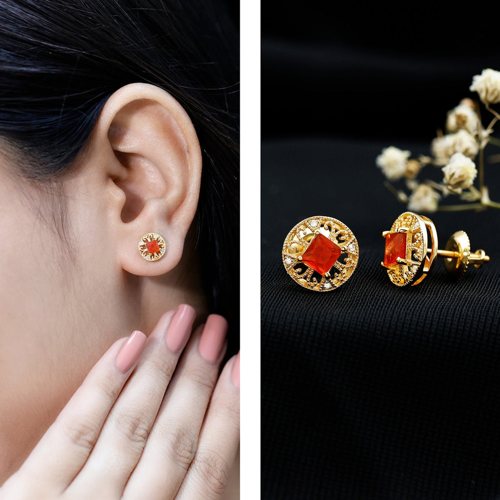 Antique Style Fire Opal Circle Stud Earrings in Gold Plated Silver