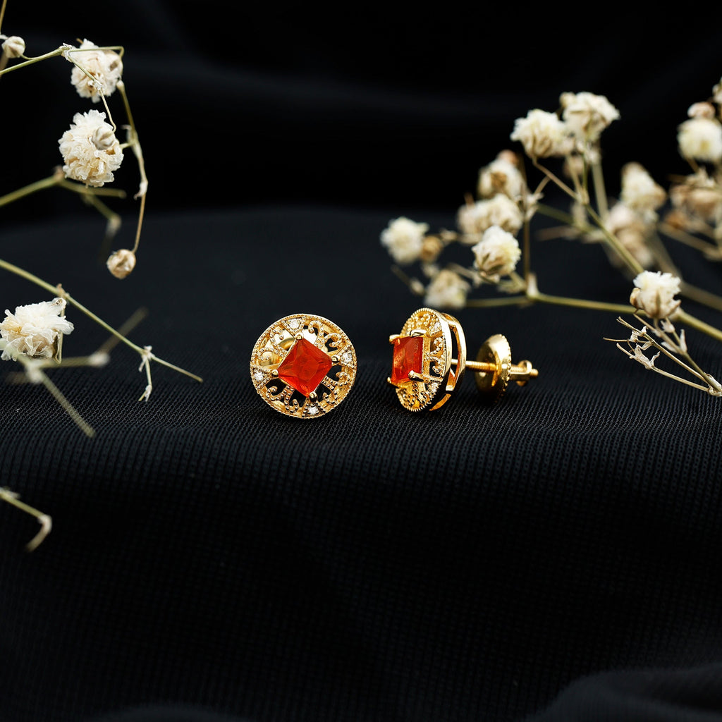 Antique Style Fire Opal Circle Stud Earrings in Gold Plated Silver