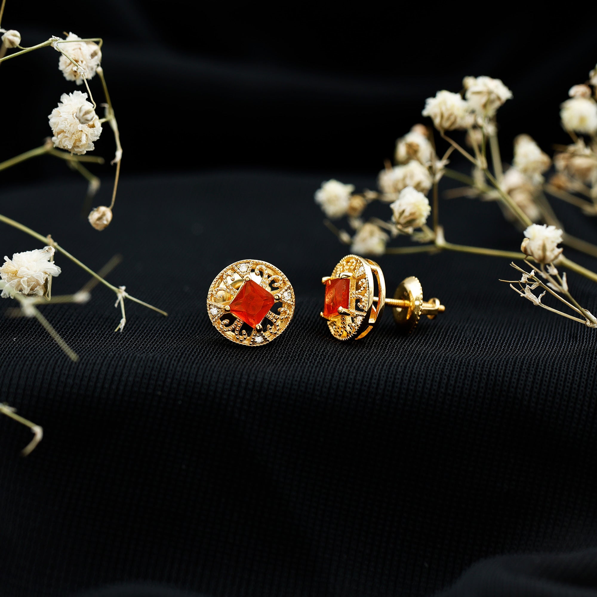 Antique Style Fire Opal Circle Stud Earrings in Gold Plated Silver