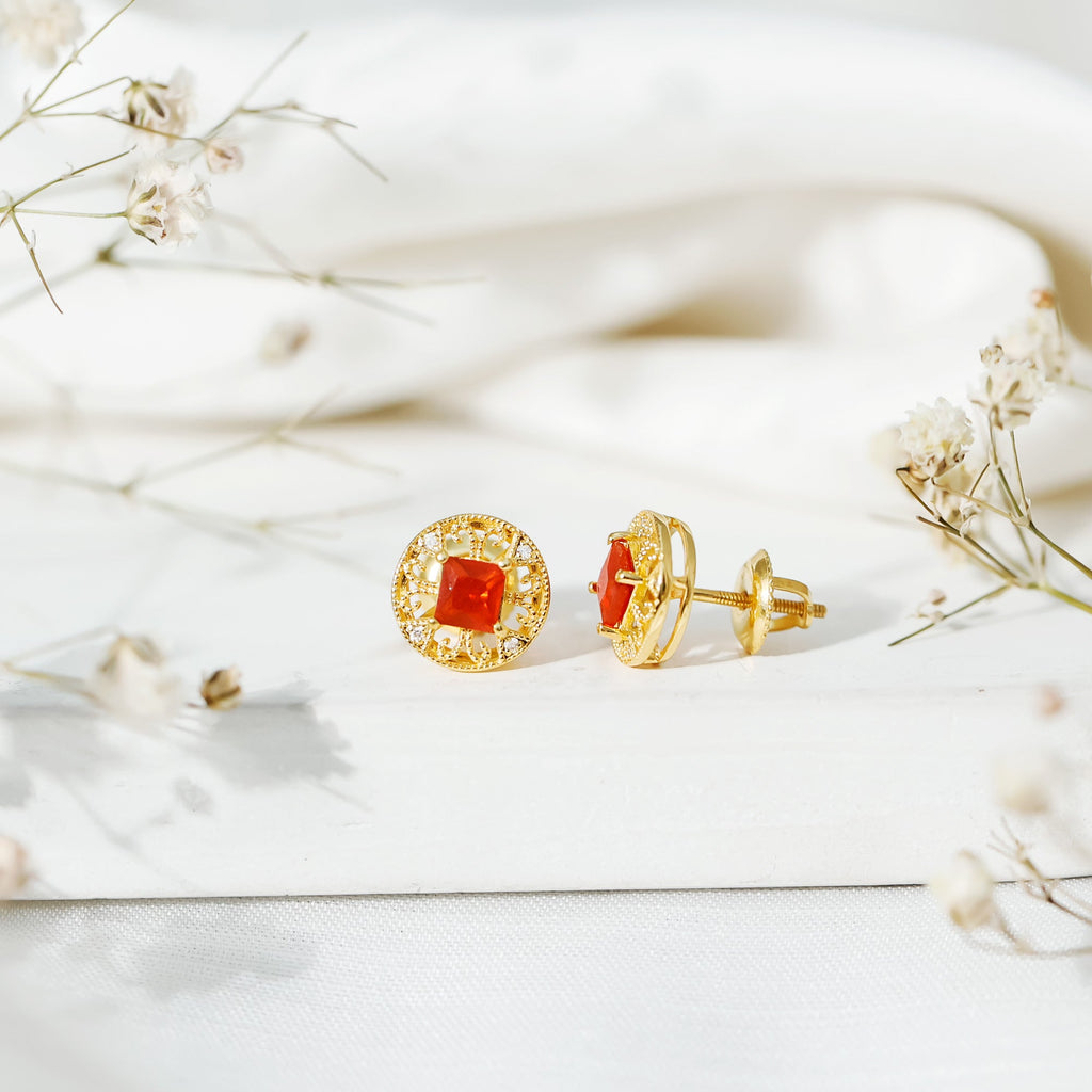 Antique Style Fire Opal Circle Stud Earrings in Gold Plated Silver