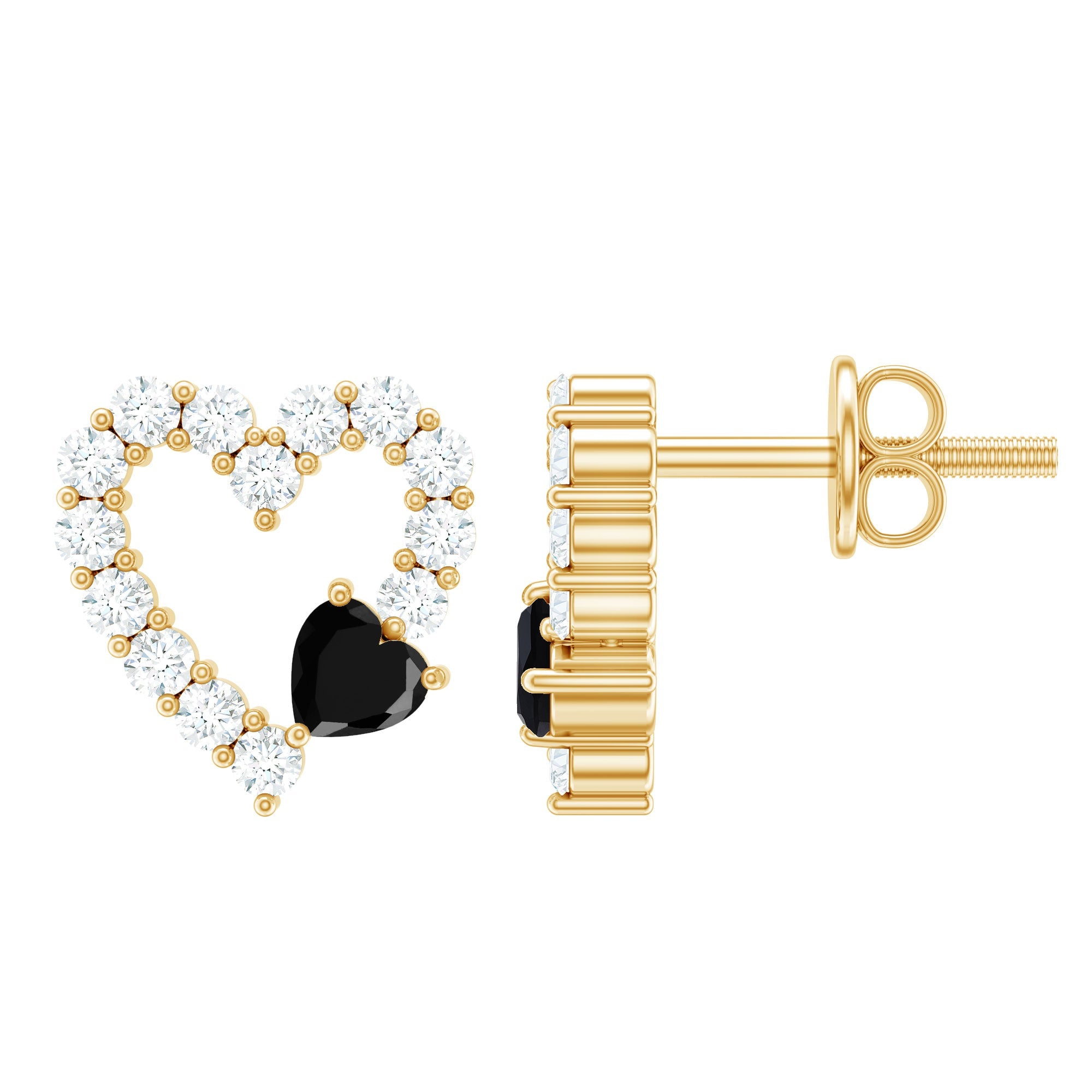 Lab Created Black and White Diamond Heart Stud Earrings in Silver