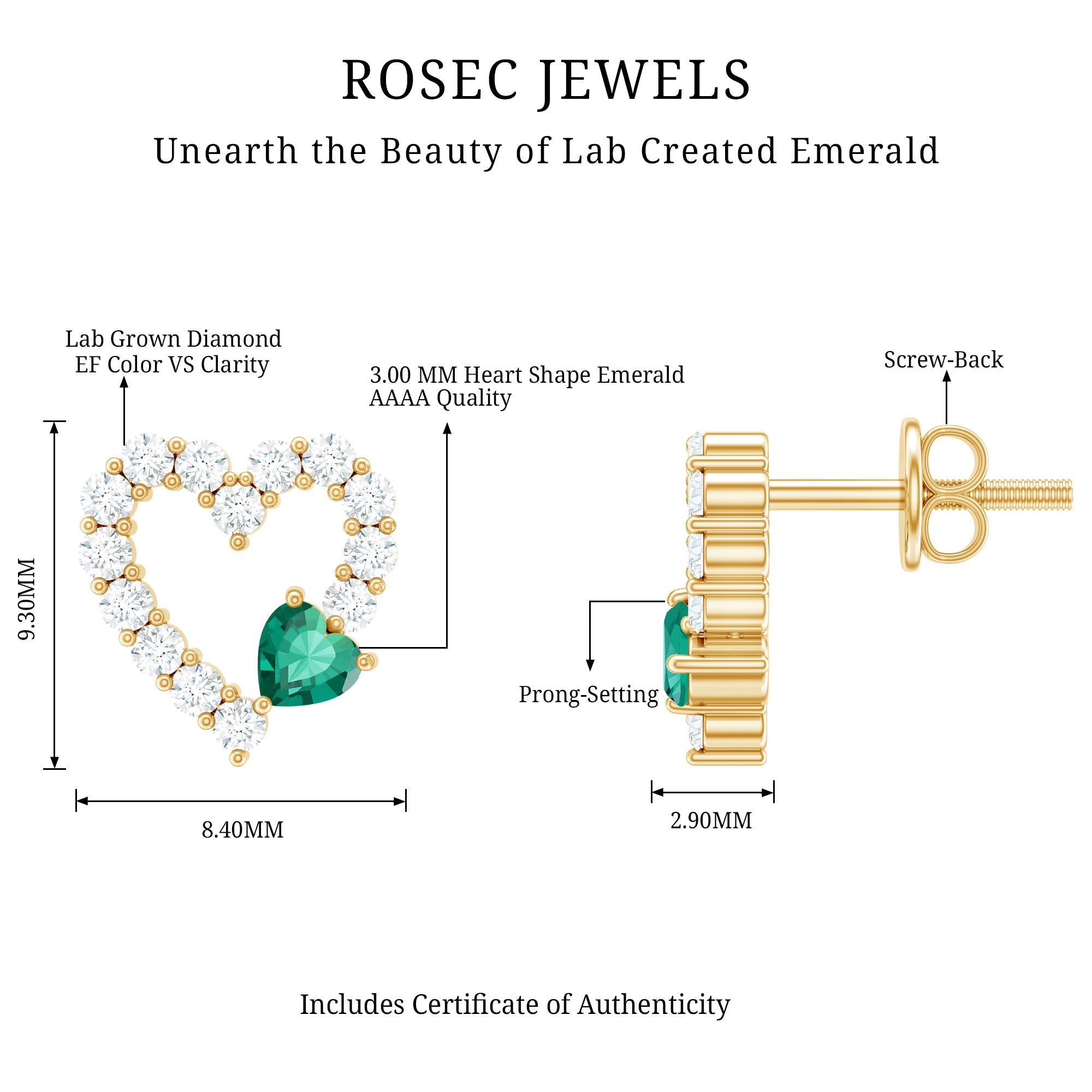 Lab Created Emerald and Diamond Heart Stud Earrings in Silver