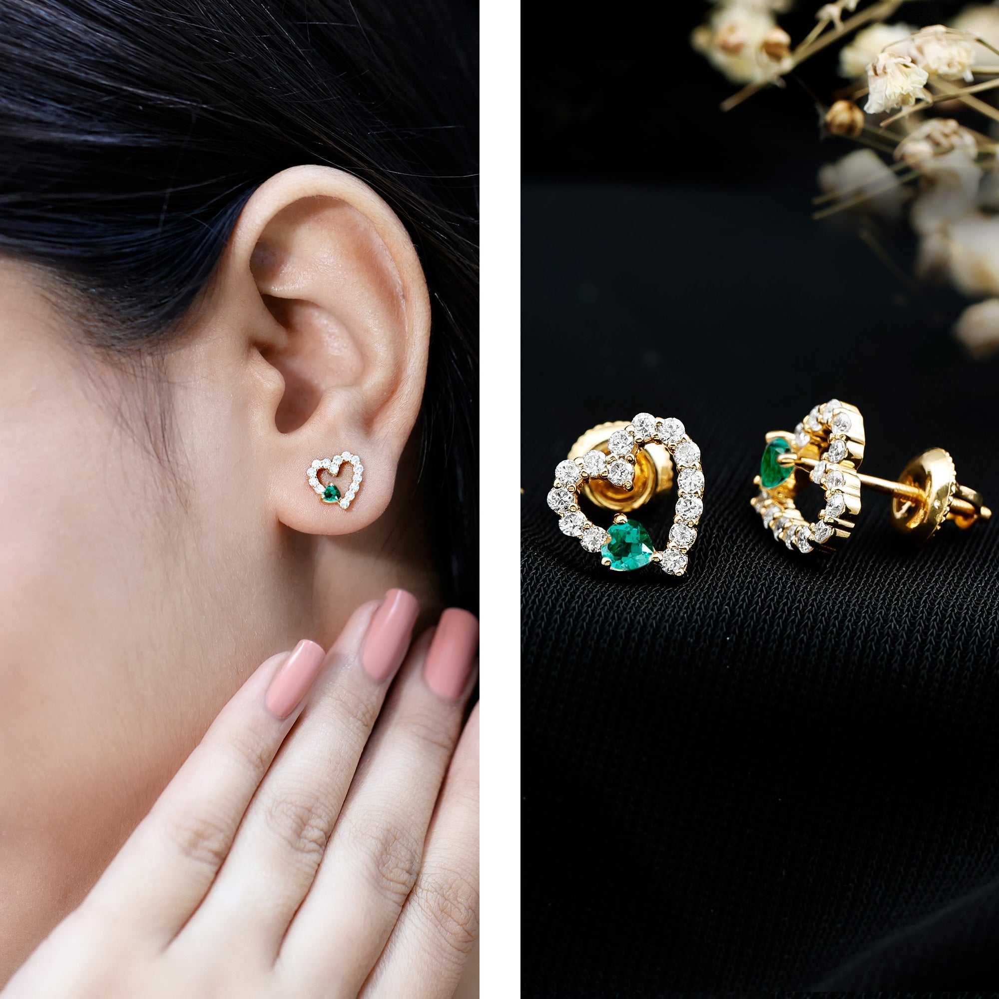 Lab Created Emerald and Diamond Heart Stud Earrings in Silver
