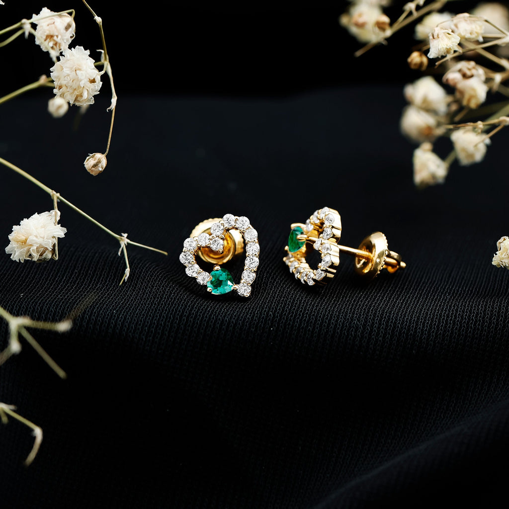 Lab Created Emerald and Diamond Heart Stud Earrings in Silver