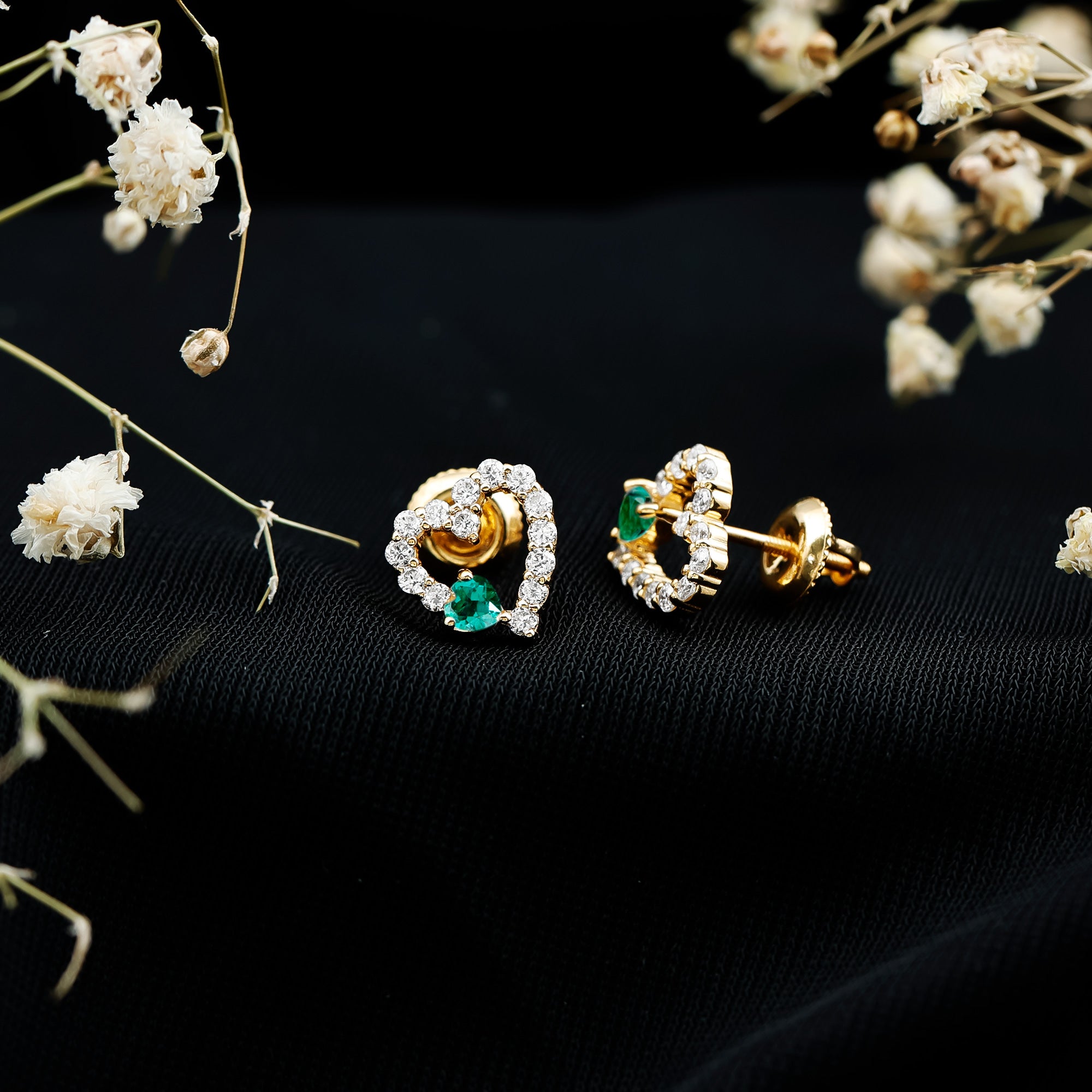 Lab Created Emerald and Diamond Heart Stud Earrings in Silver