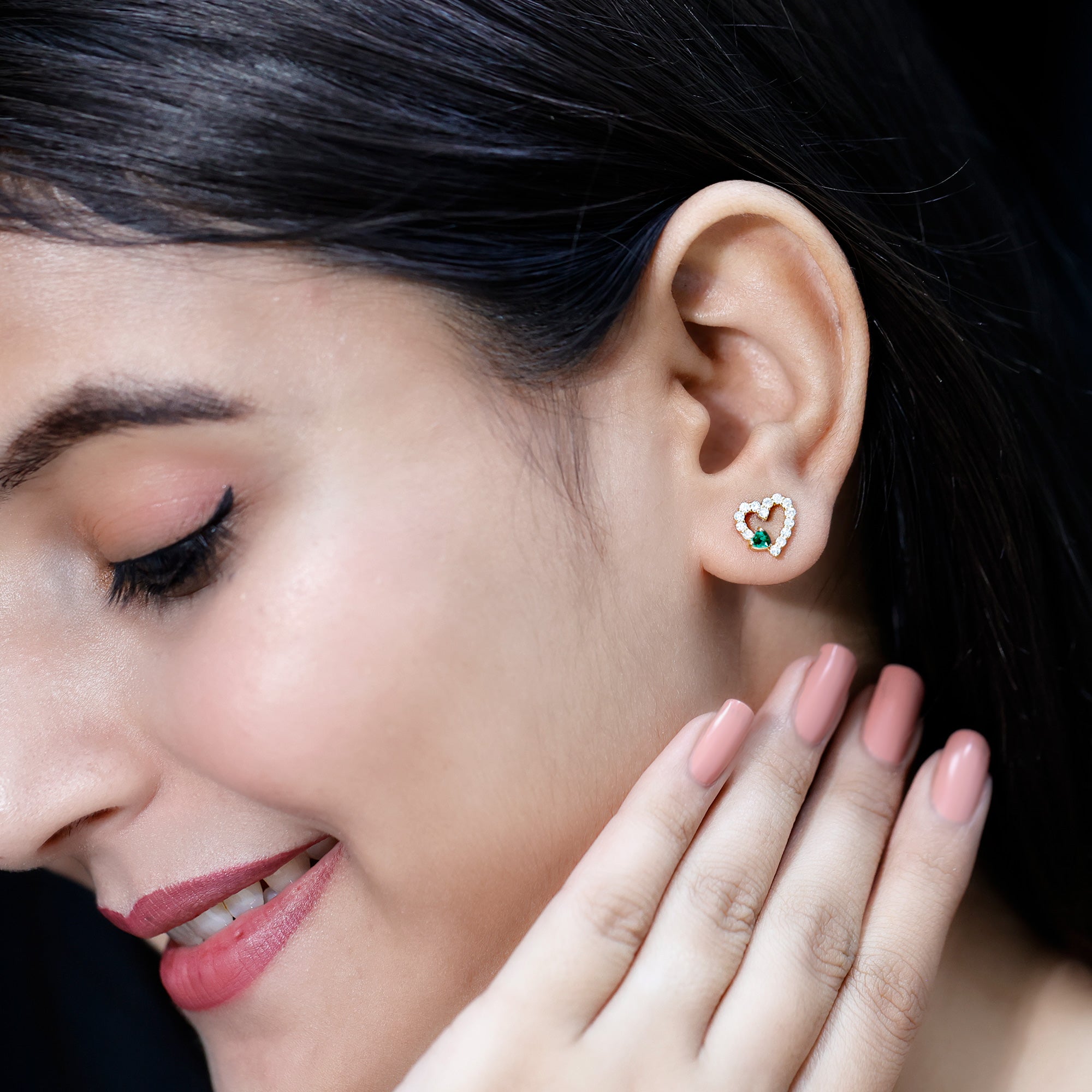 Lab Created Emerald and Diamond Heart Stud Earrings in Silver