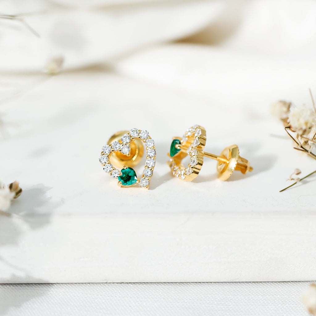 Lab Created Emerald and Diamond Heart Stud Earrings in Silver