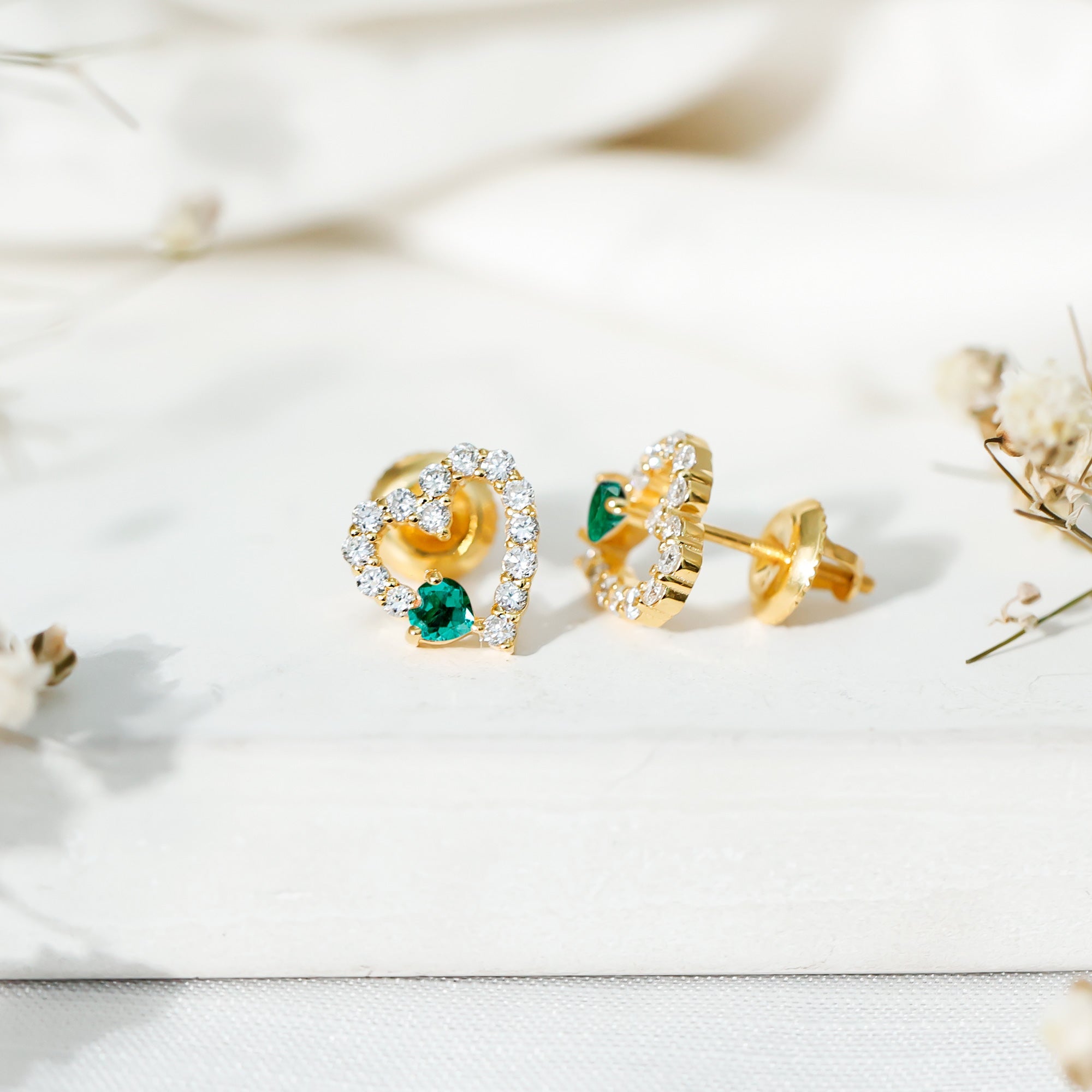 Lab Created Emerald and Diamond Heart Stud Earrings in Silver