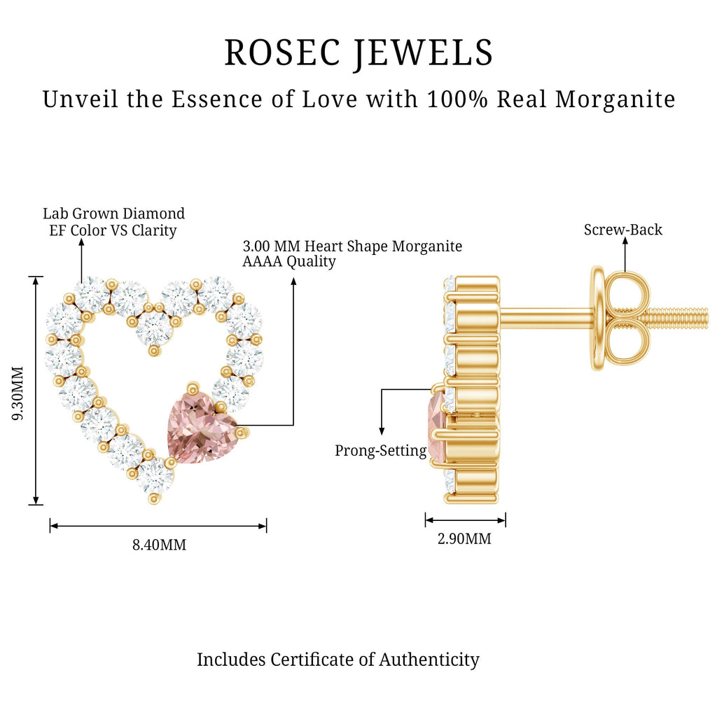 Certified Morganite and Diamond Heart Stud Earrings with Screwbacks