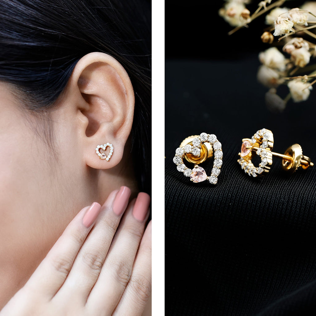 Certified Morganite and Diamond Heart Stud Earrings with Screwbacks