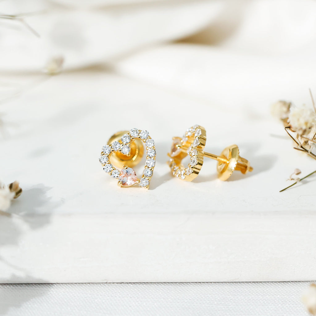 Certified Morganite and Diamond Heart Stud Earrings with Screwbacks