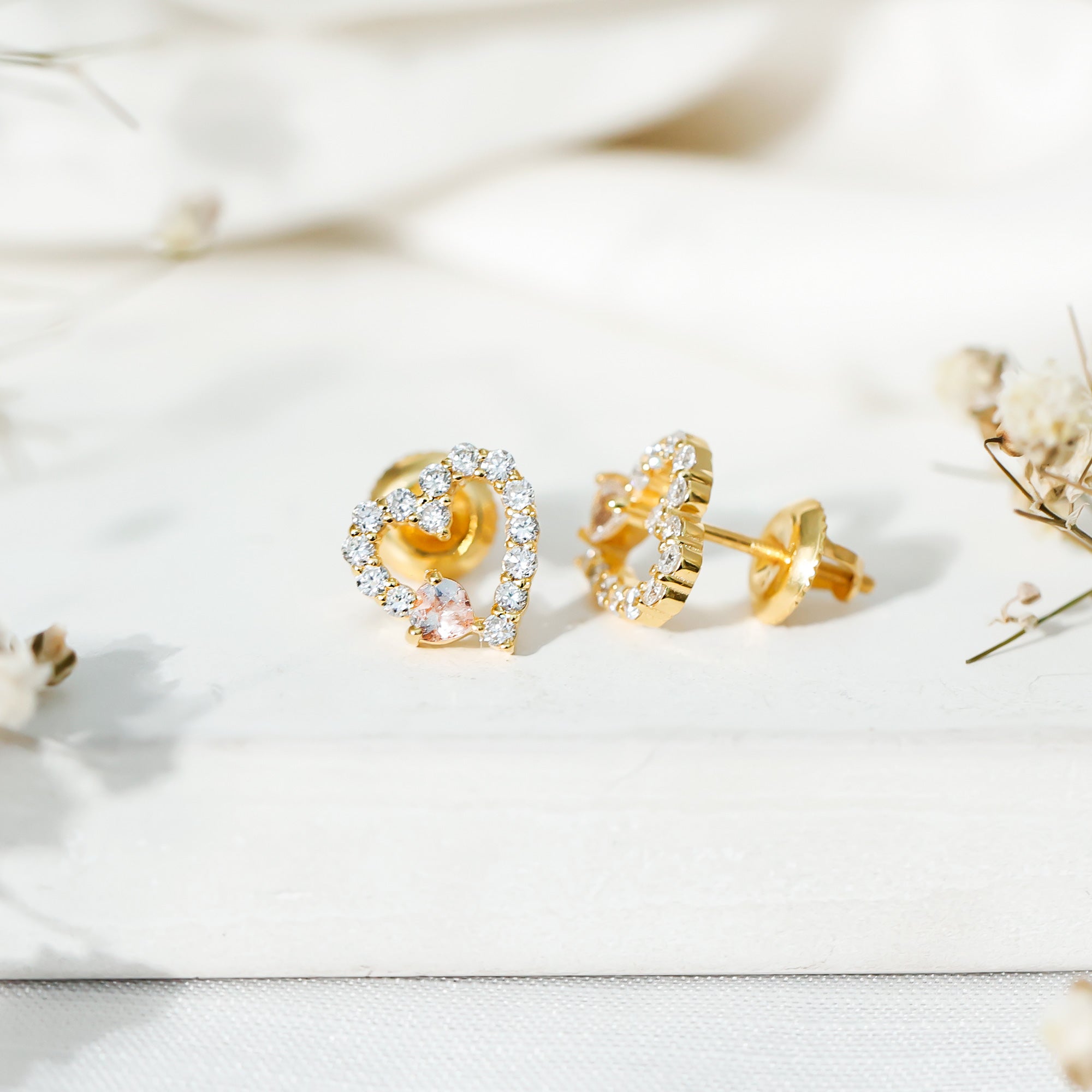 Certified Morganite and Diamond Heart Stud Earrings with Screwbacks