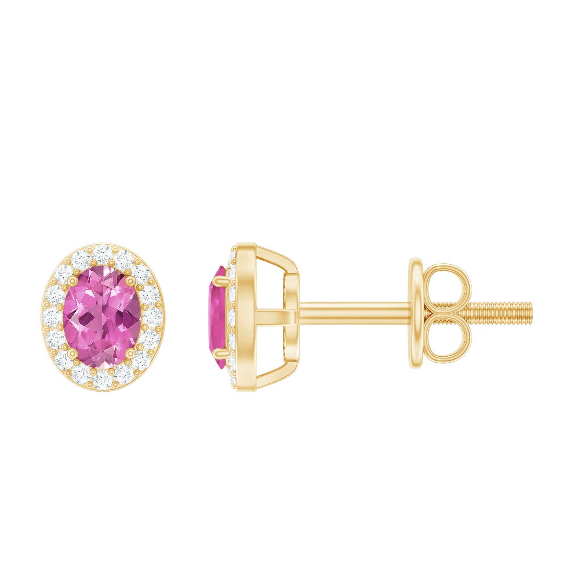 Oval Shaped Pink Tourmaline and Diamond Halo Stud Earrings