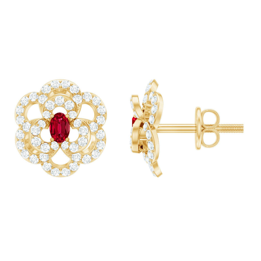 Nature Inspired Lab Grown Ruby Diamond Flower Stud Earrings