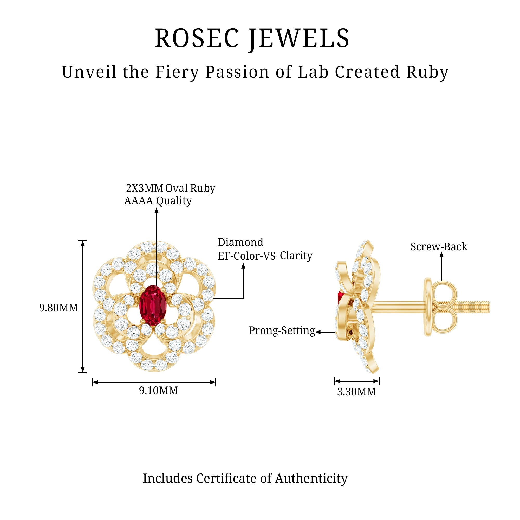 Nature Inspired Lab Grown Ruby Diamond Flower Stud Earrings
