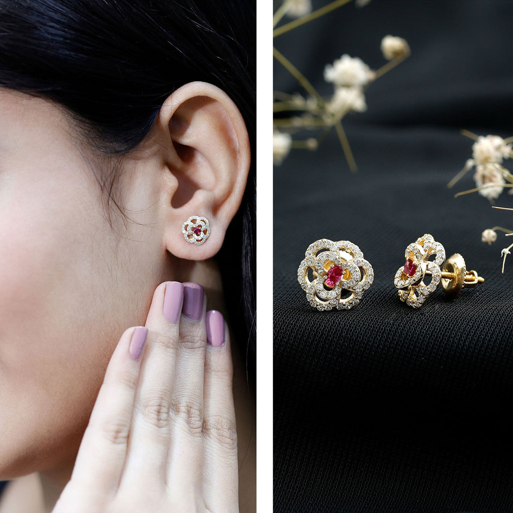 Nature Inspired Lab Grown Ruby Diamond Flower Stud Earrings