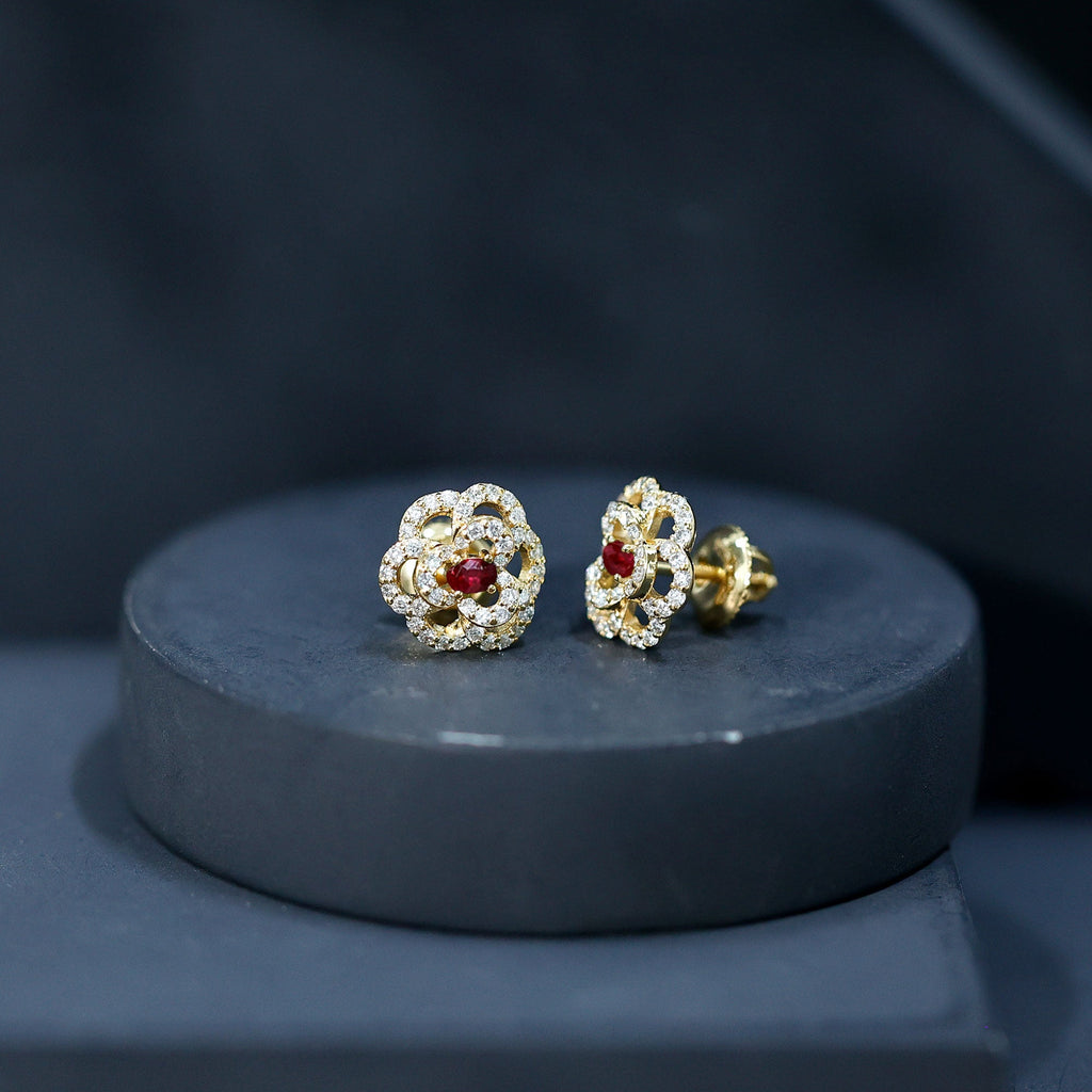 Nature Inspired Lab Grown Ruby Diamond Flower Stud Earrings