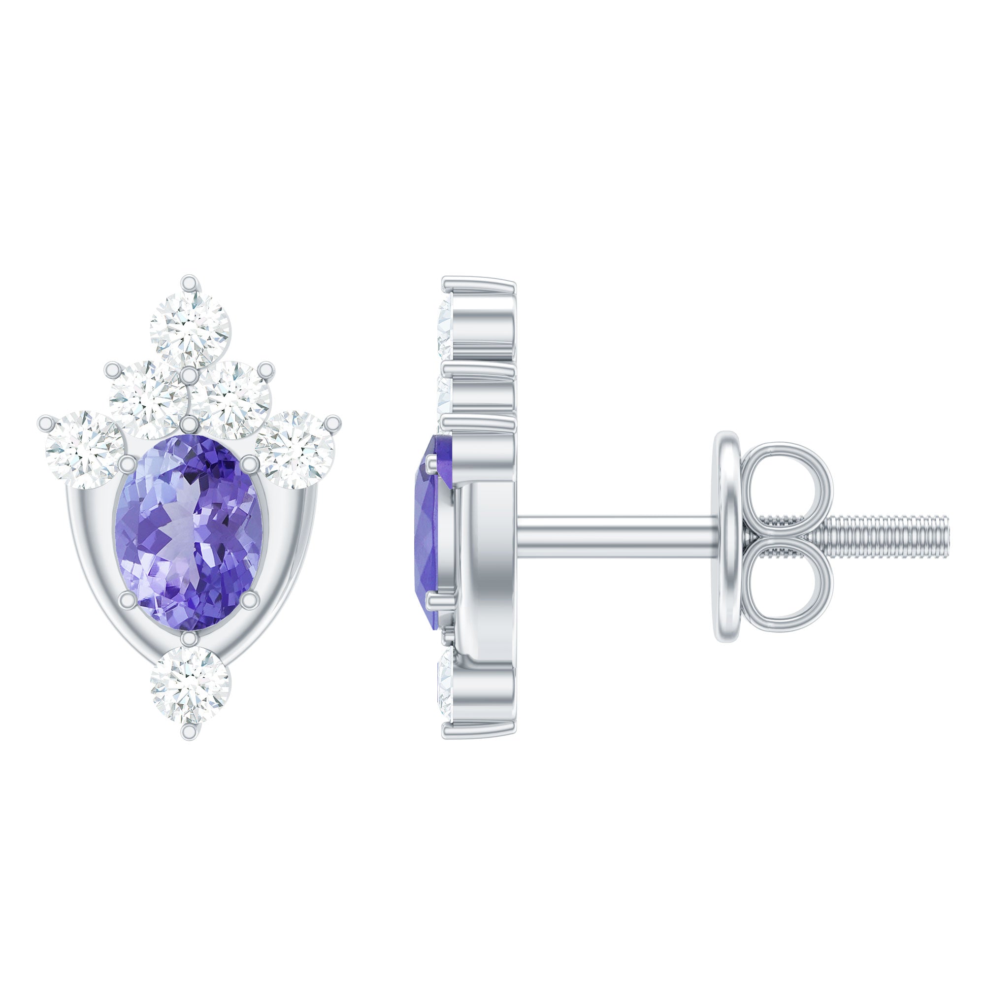 Oval Shaped Tanzanite and Diamond Stud Earrings with Screw on Back