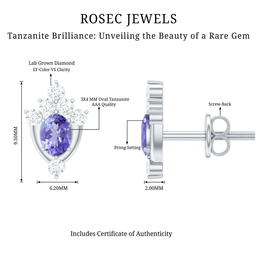 Oval Shaped Tanzanite and Diamond Stud Earrings with Screw on Back