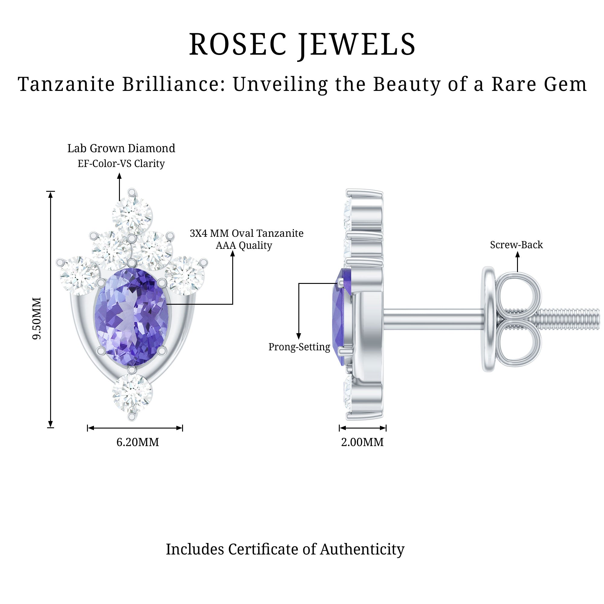 Oval Shaped Tanzanite and Diamond Stud Earrings with Screw on Back