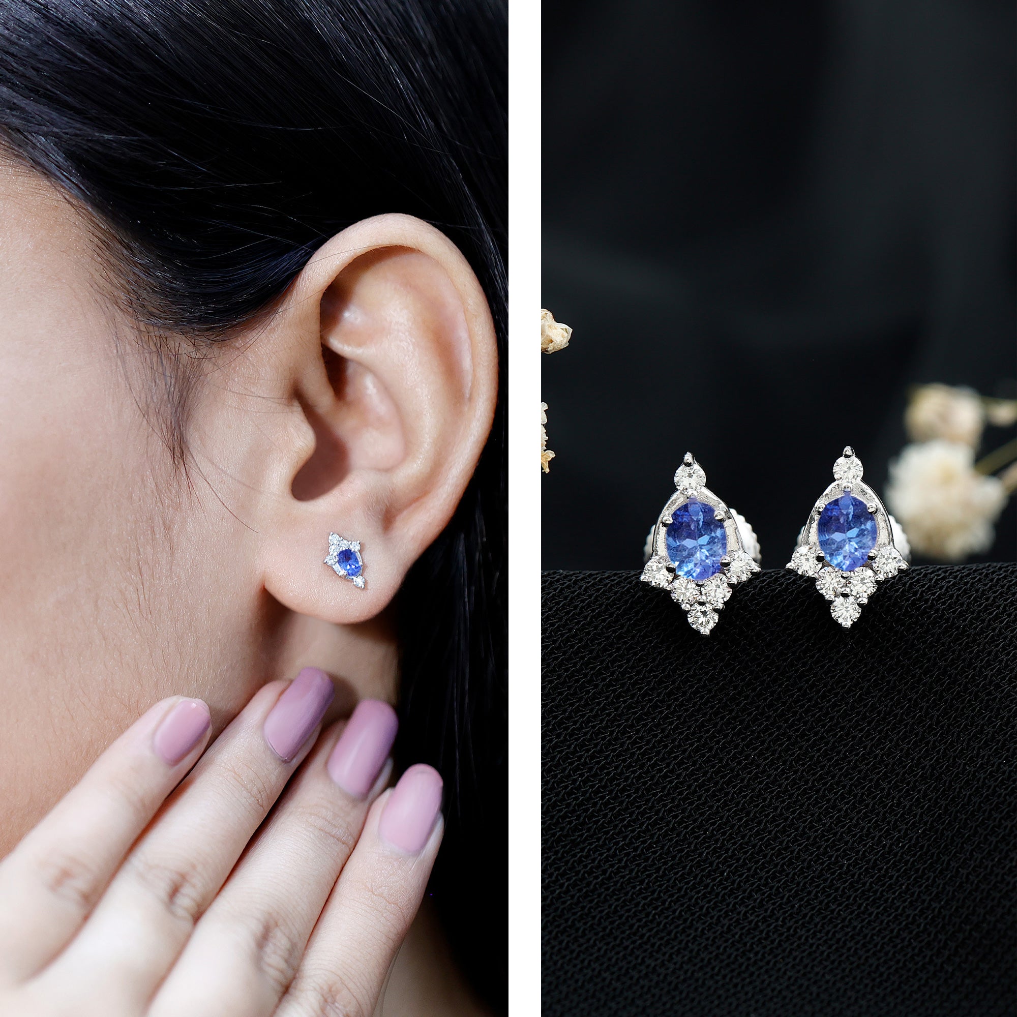 Oval Shaped Tanzanite and Diamond Stud Earrings with Screw on Back