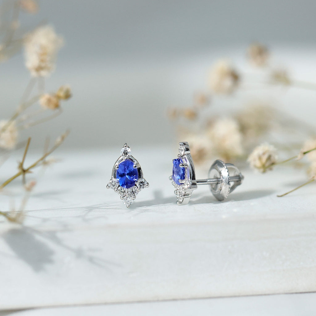 Oval Shaped Tanzanite and Diamond Stud Earrings with Screw on Back