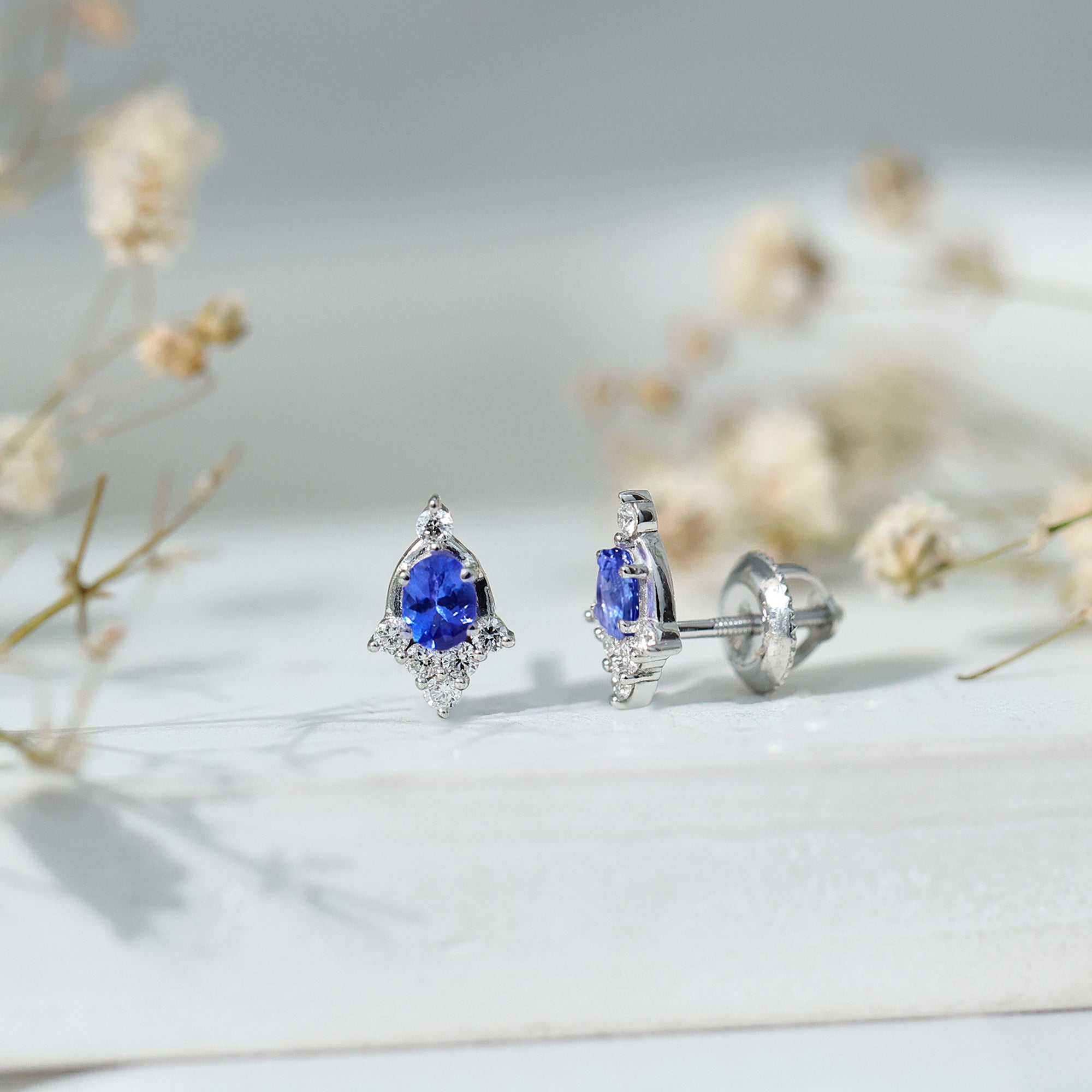 Oval Shaped Tanzanite and Diamond Stud Earrings with Screw on Back