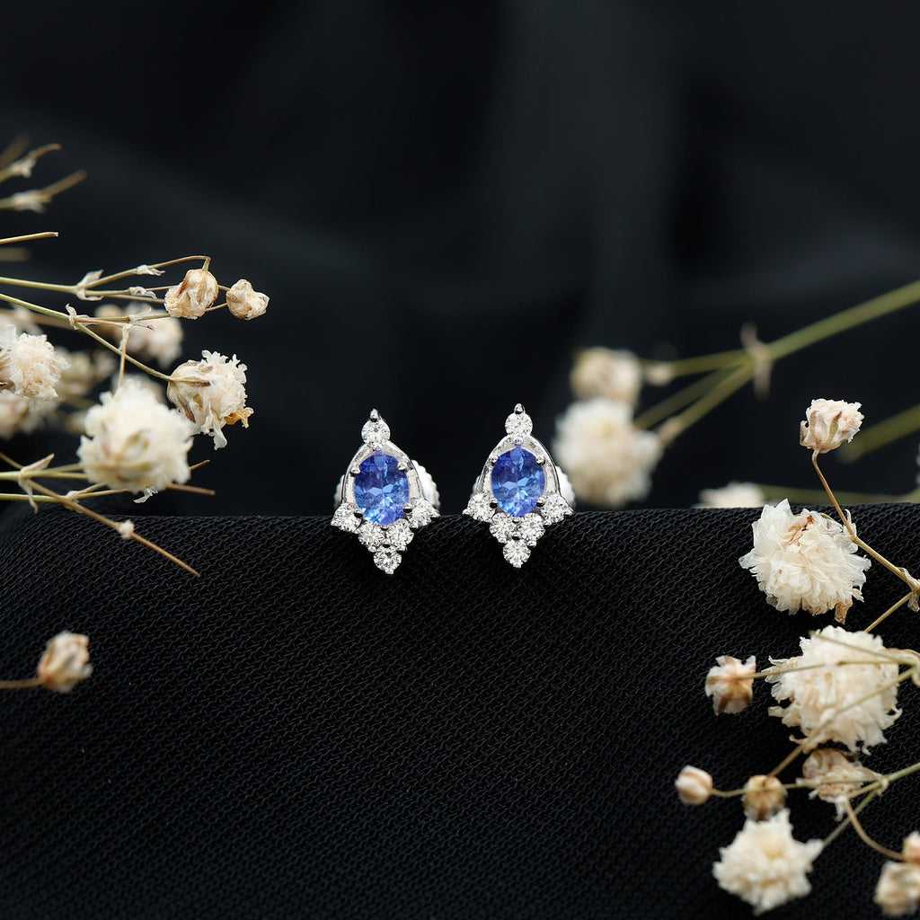 Oval Shaped Tanzanite and Diamond Stud Earrings with Screw on Back