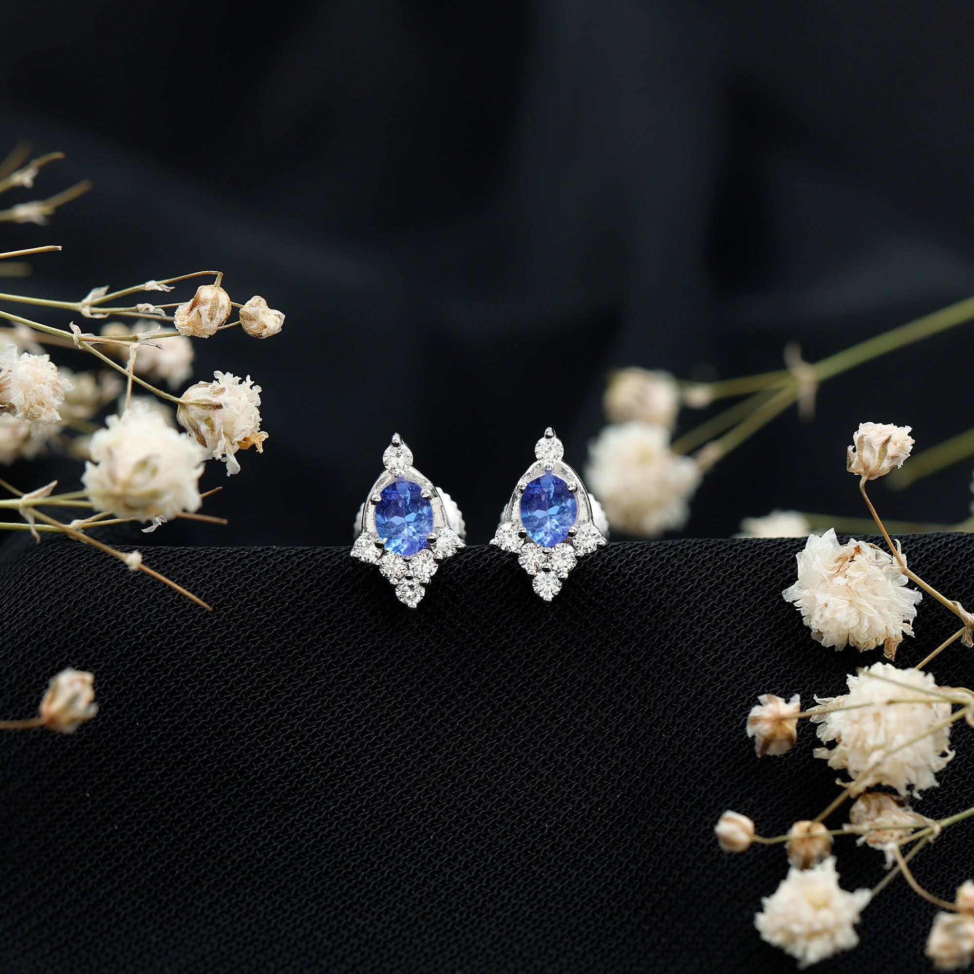 Oval Shaped Tanzanite and Diamond Stud Earrings with Screw on Back
