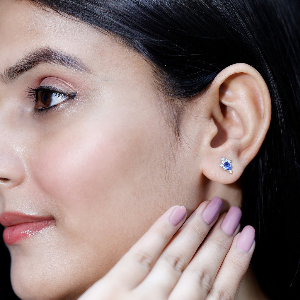 Oval Shaped Tanzanite and Diamond Stud Earrings with Screw on Back