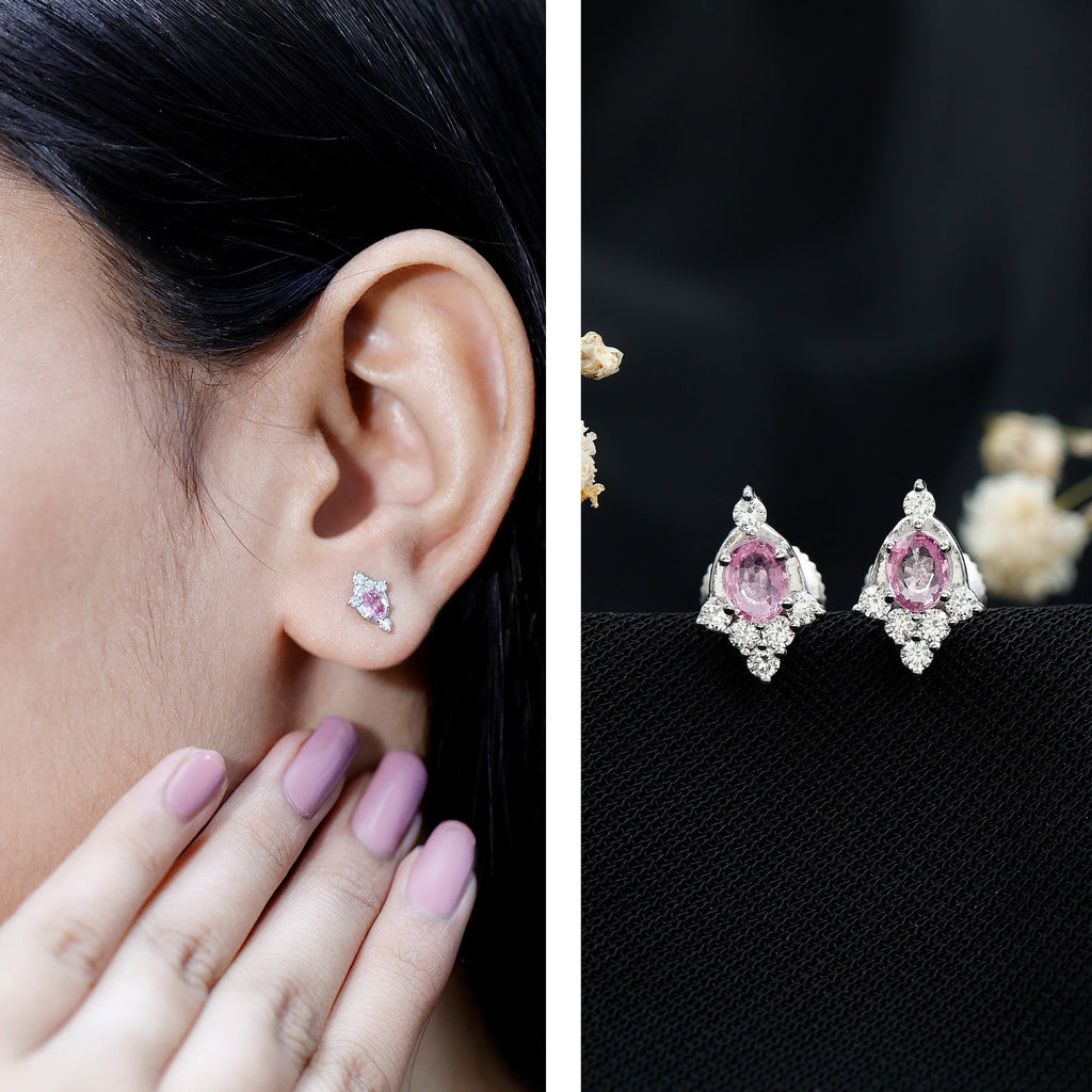 Oval Cut Pink Sapphire and Diamond Stud Earrings for Women