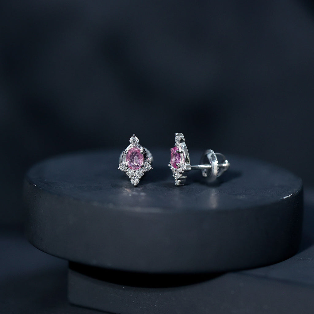 Oval Cut Pink Sapphire and Diamond Stud Earrings for Women